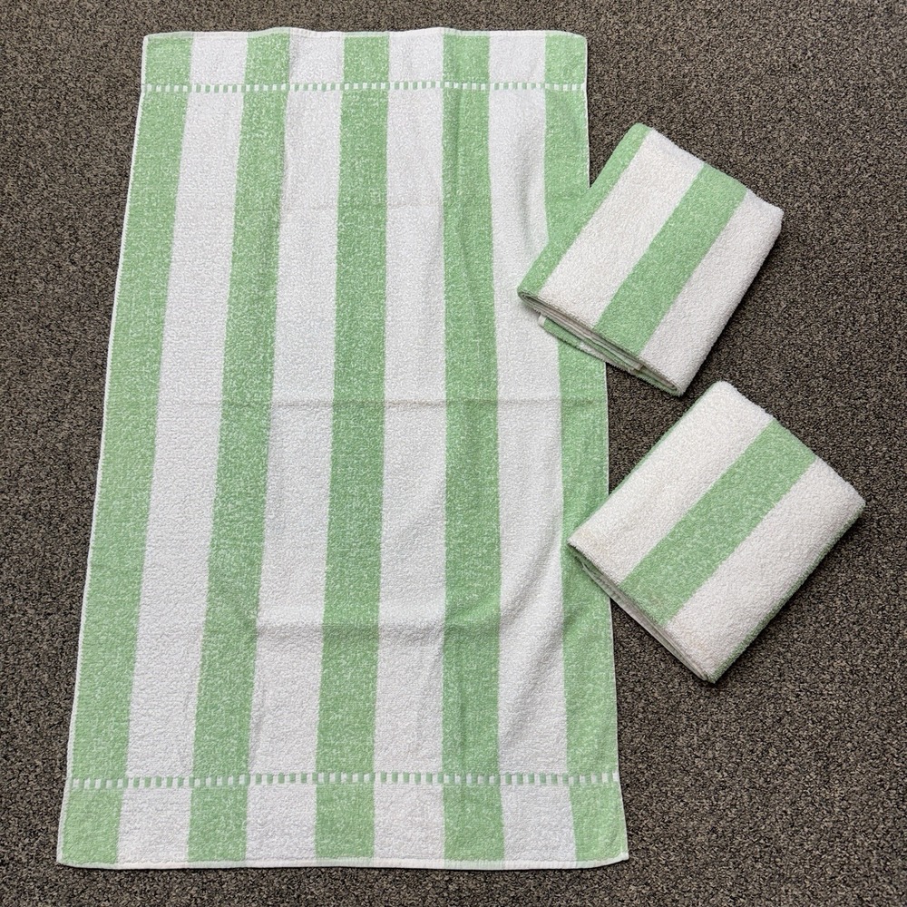 Vintage Dundee Green Striped Bath Towel Cotton Lot of 3 40x23